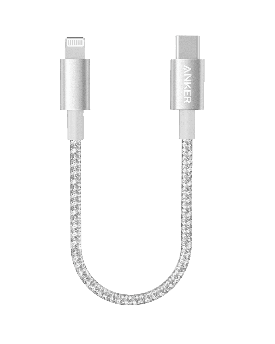 White braided USB-C to Lightning cable with USB-C connector and Lightning connector