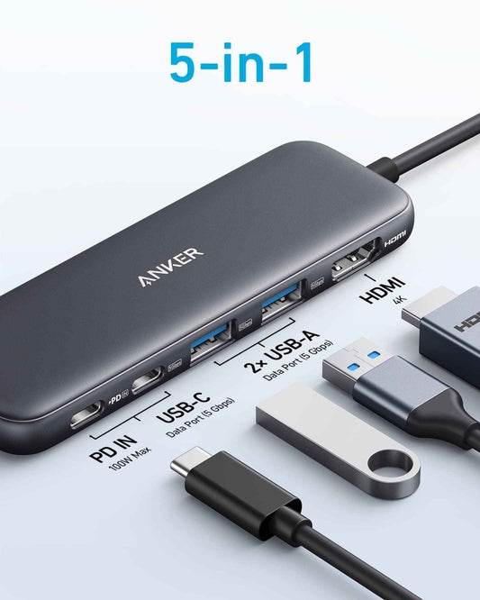 Black USB-C hub with HDMI and USB ports, 5-in-1 design