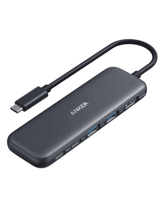 Black USB-C hub with cable and ports, slim rounded design