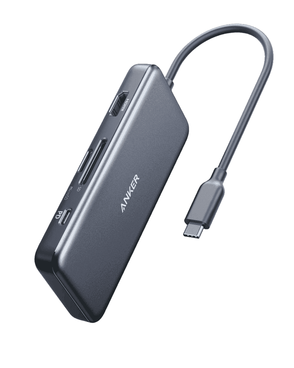 Black USB-C hub with attached USB-C cable, compact 7-port design