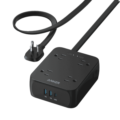 Black USB power strip with flat plug, USB ports, and surge-protection outlets