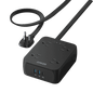 Black USB power strip with flat plug, USB ports, and surge-protection outlets