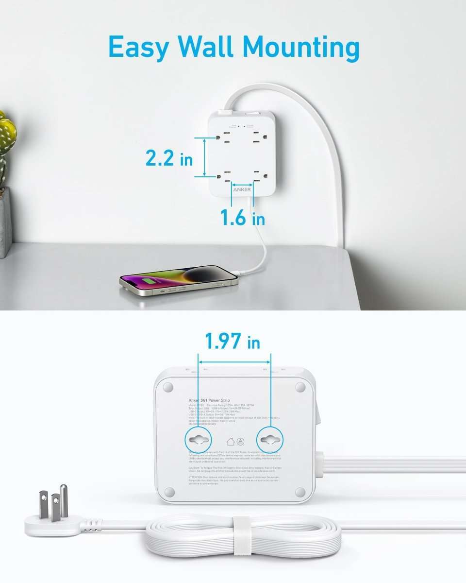 White USB power strip with wall-mountable outlet block and power cord, front view