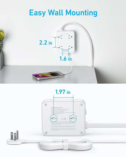 White USB power strip with wall-mountable outlet block and power cord, front view