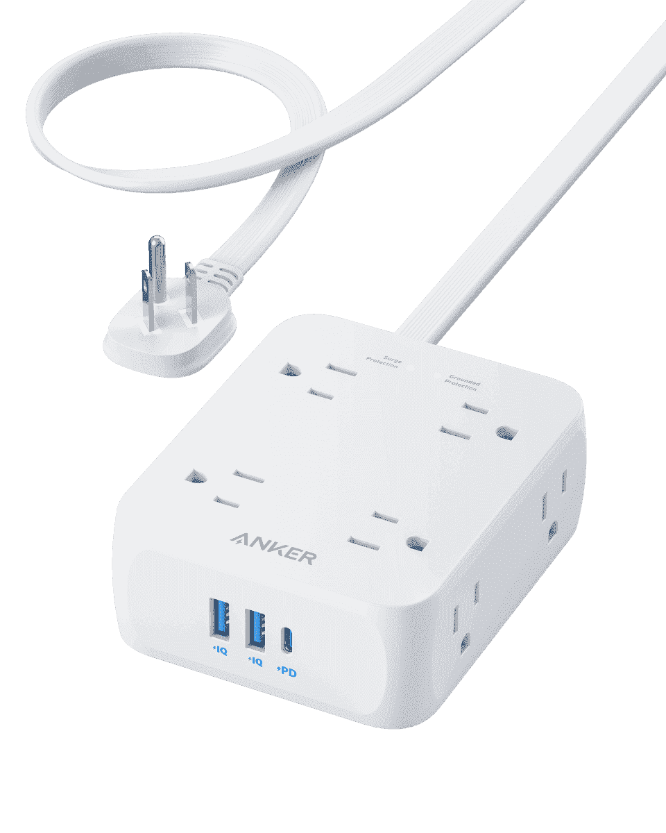 White USB power strip with flat plug and power cord, compact cube design