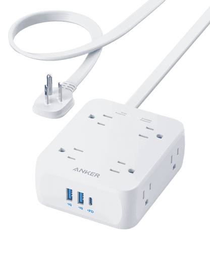 White USB power strip with flat plug and power cord, compact cube design
