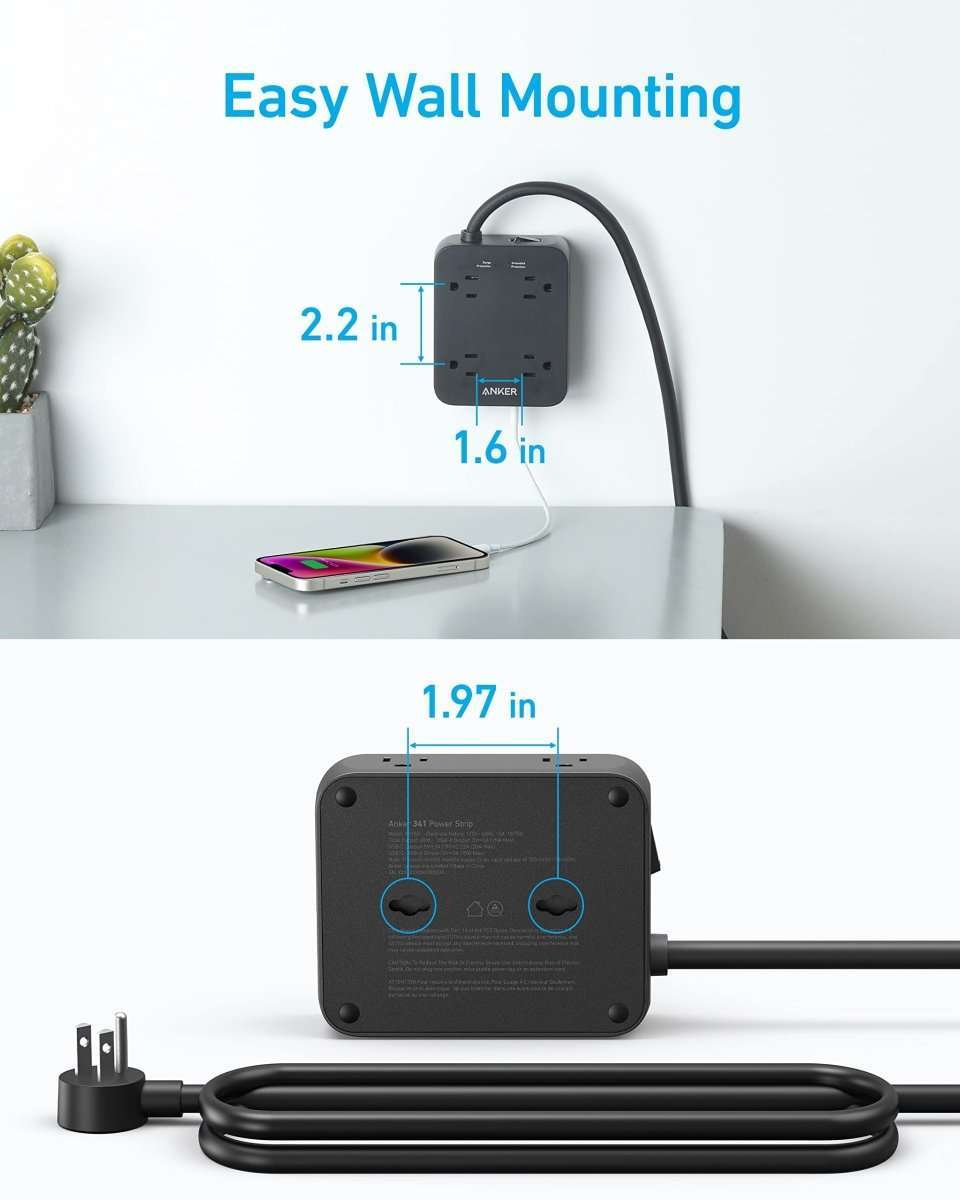 Black USB power strip with wall-mount cable and outlet block, underside view