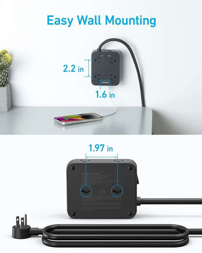 Black USB power strip with wall-mount cable and outlet block, underside view