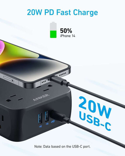 Black USB power strip with USB-C PD charging port and USB-A ports, compact cube