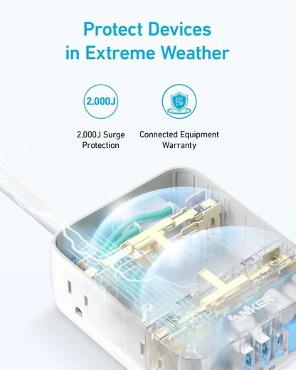 White USB power strip with exposed interior components and circuitry view