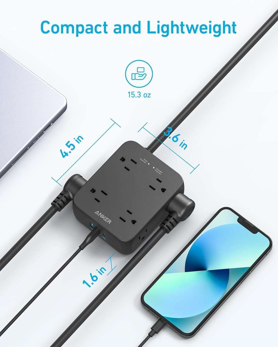 Black USB power strip with five outlets, compact adapter, and connected charging cable