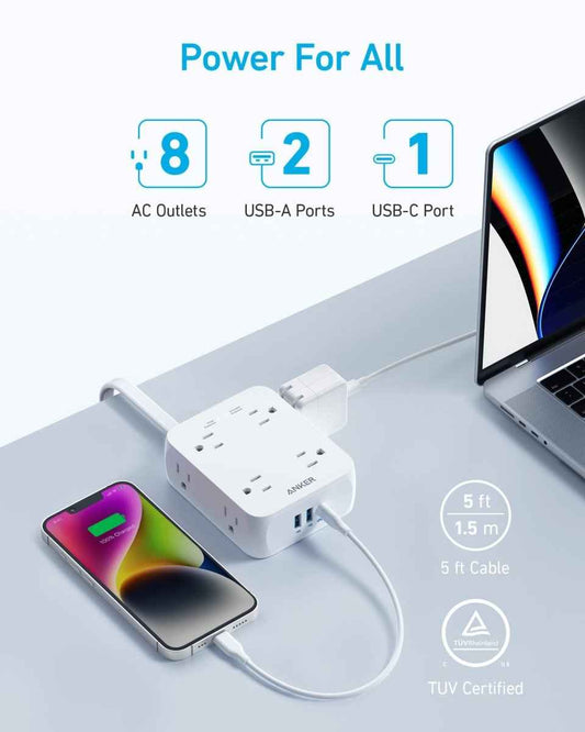 Anker 341 USB power strip, white with AC outlets plus USB-A and USB-C ports