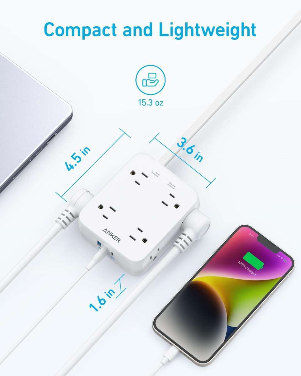 White USB power strip with AC outlets and USB ports, compact cube with connected cables