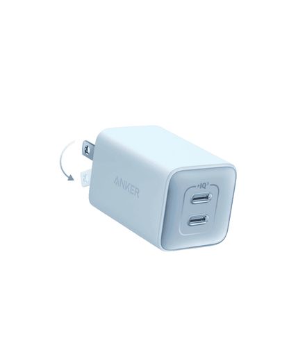 Anker 523 dual-port USB charger in light blue, angled view with ports