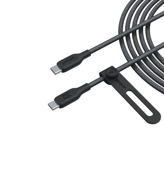 Black USB-C to USB-C cable with braided jacket and metal USB-C plugs