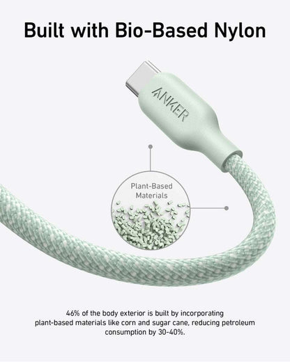 Anker USB-C to USB-C cable with bio-braided light green nylon sheath and USB-C end