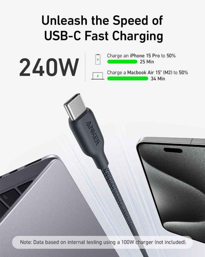 USB-C to USB-C cable with braided bio-based nylon, black connectors