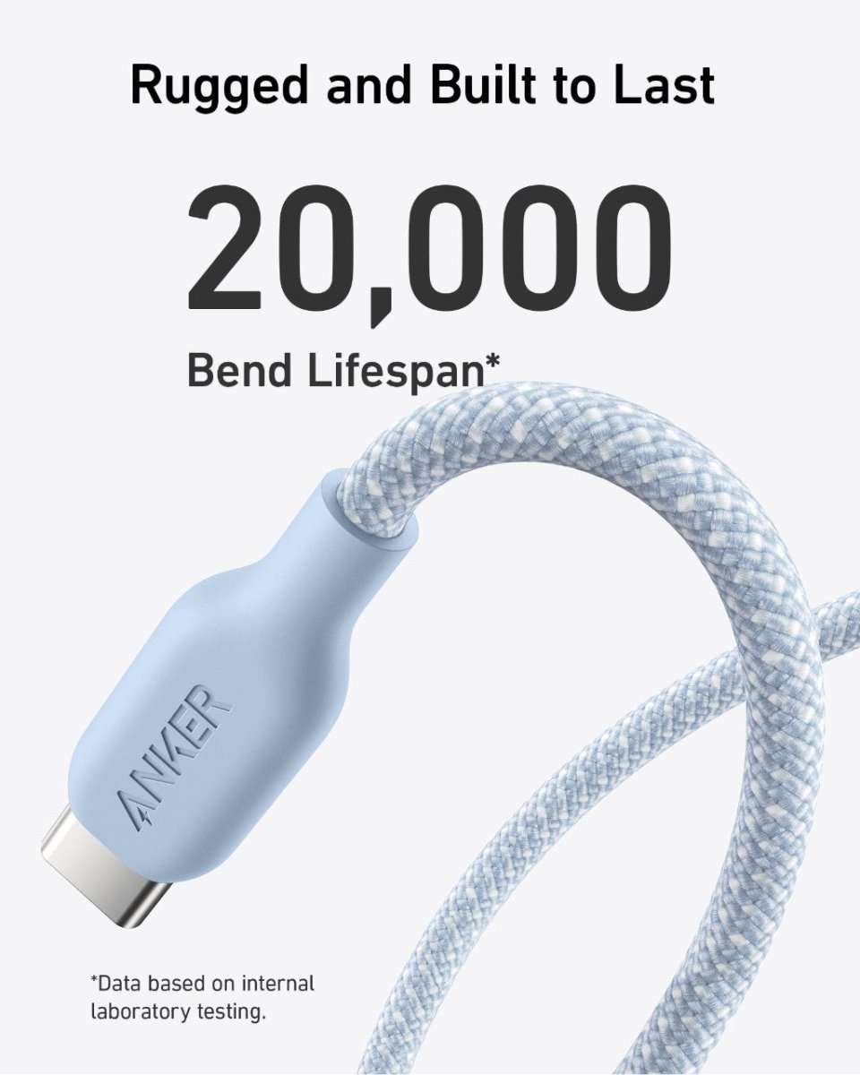 USB-C to USB-C cable with braided bio-based nylon, light blue connectors