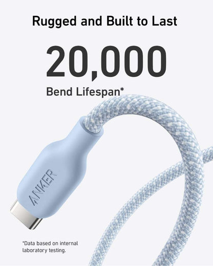 USB-C to USB-C cable with braided bio-based nylon, light blue connectors