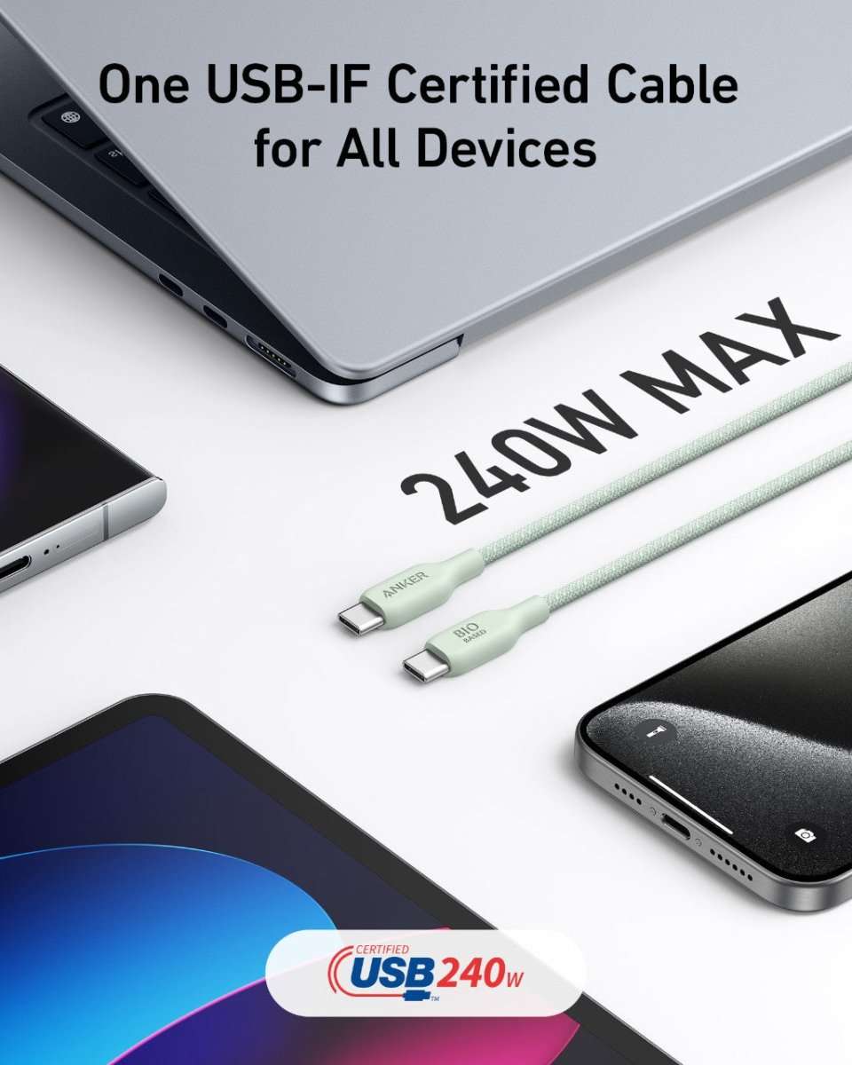 USB-C to USB-C cables with braided bio-based nylon, black and pale green
