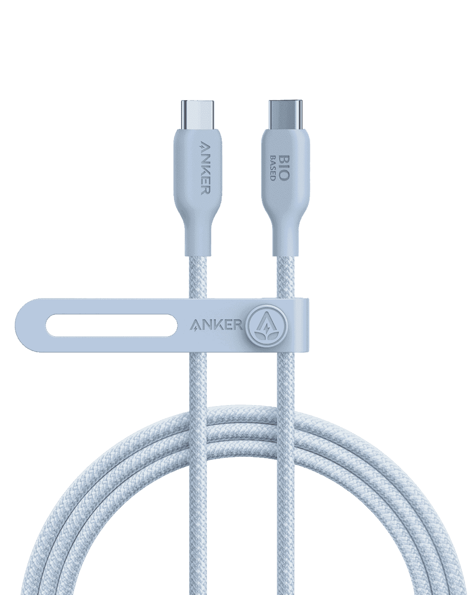 Anker USB-C to USB-C cable with bio-braided light blue sheath and dual USB-C ends