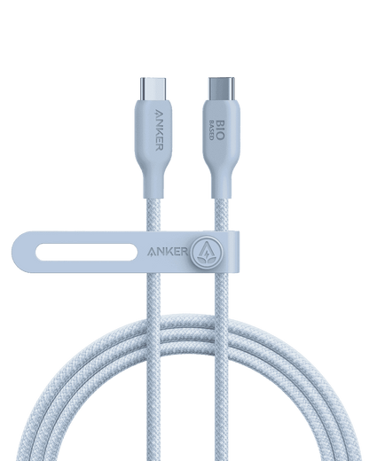 Anker USB-C to USB-C cable with bio-braided light blue sheath and dual USB-C ends