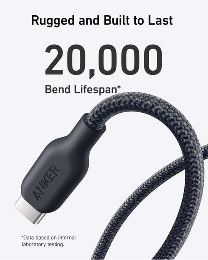 USB-C to USB-C braided cable with a USB-C plug and reinforced bend