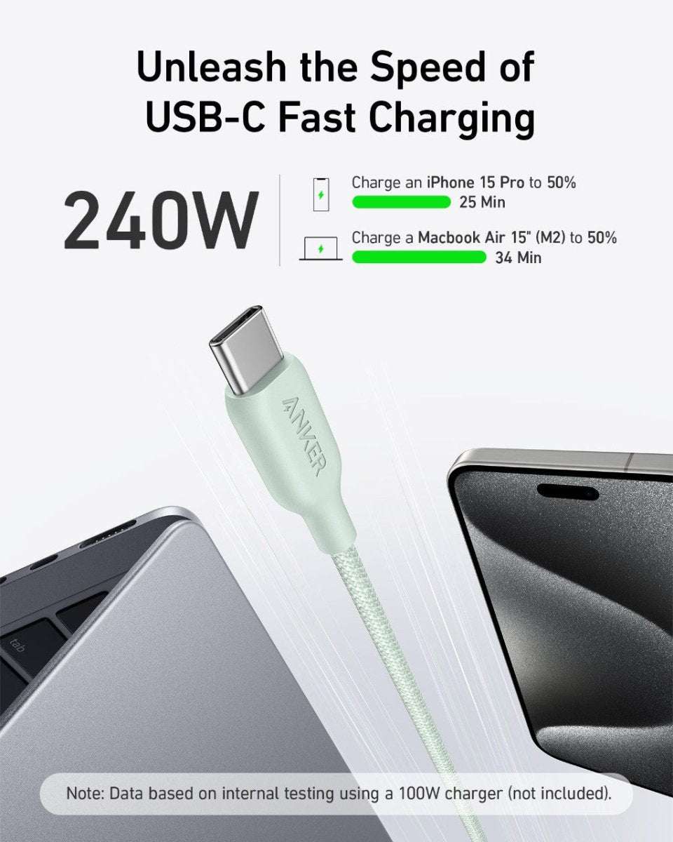Anker USB-C to USB-C cable with bio-braided light green sheath and USB-C connectors