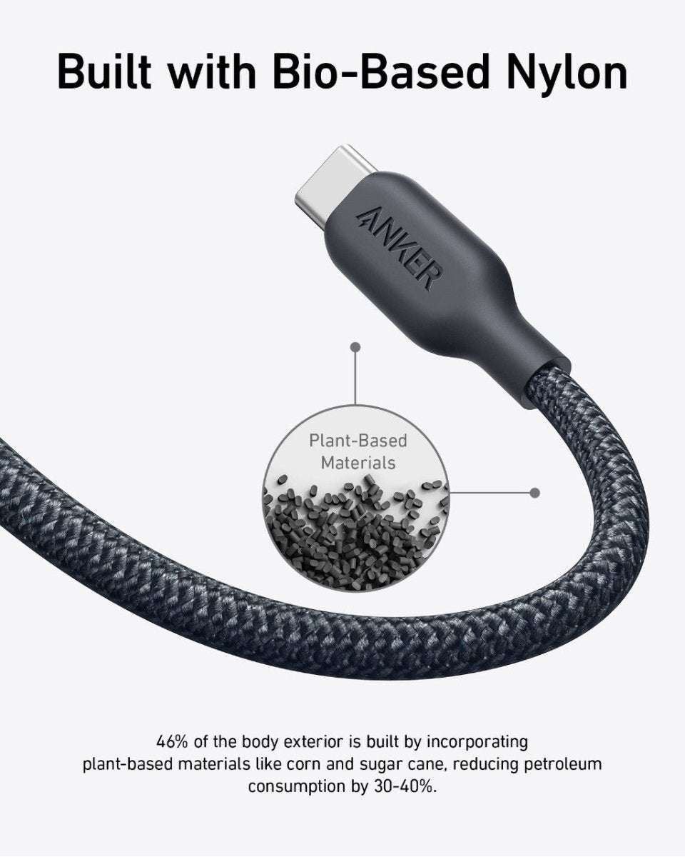 USB-C to USB-C cable with braided bio-based nylon, dark black