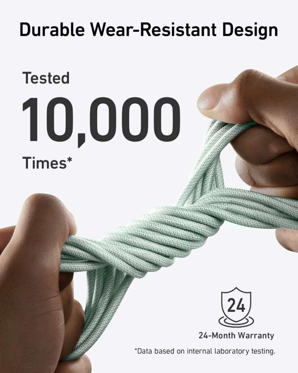 Anker USB-C to USB-C cable with bio-braided light green cord and USB-C connector ends