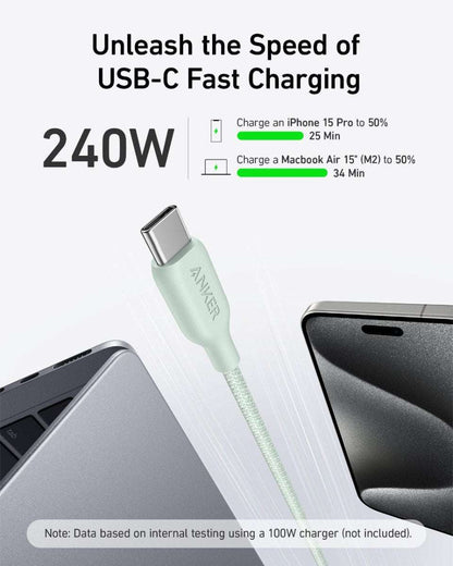 USB-C to USB-C cable with braided bio-based nylon, pale green connectors