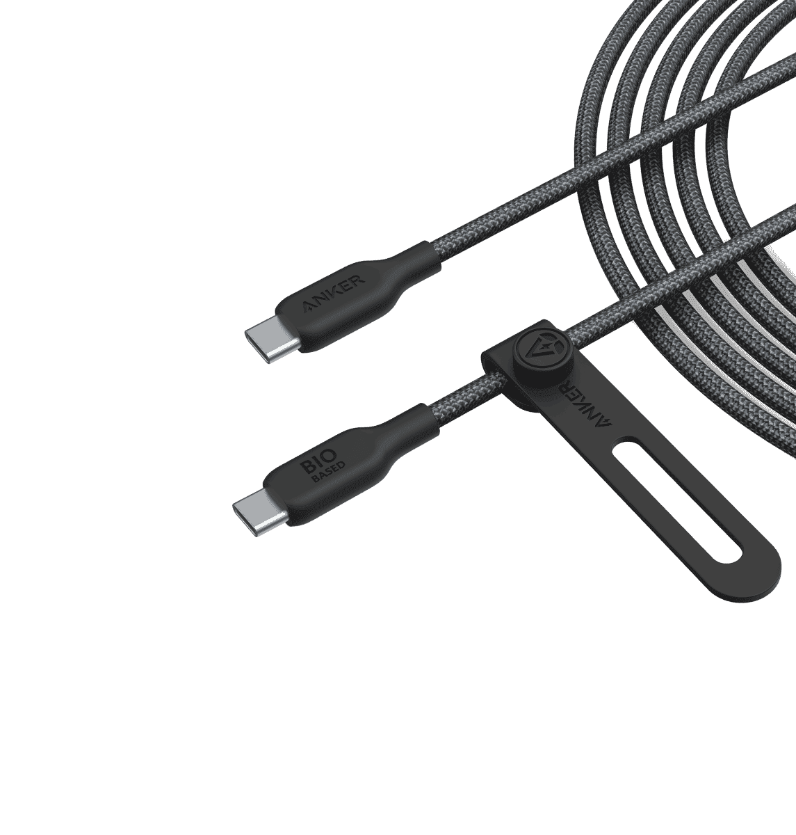 Anker USB-C to USB-C cable with bio-braided black sheath and USB-C connectors