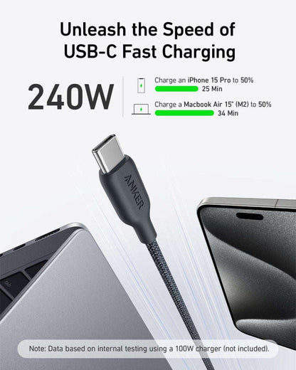 USB-C to USB-C cable with black braided sheath and USB-C connector plug