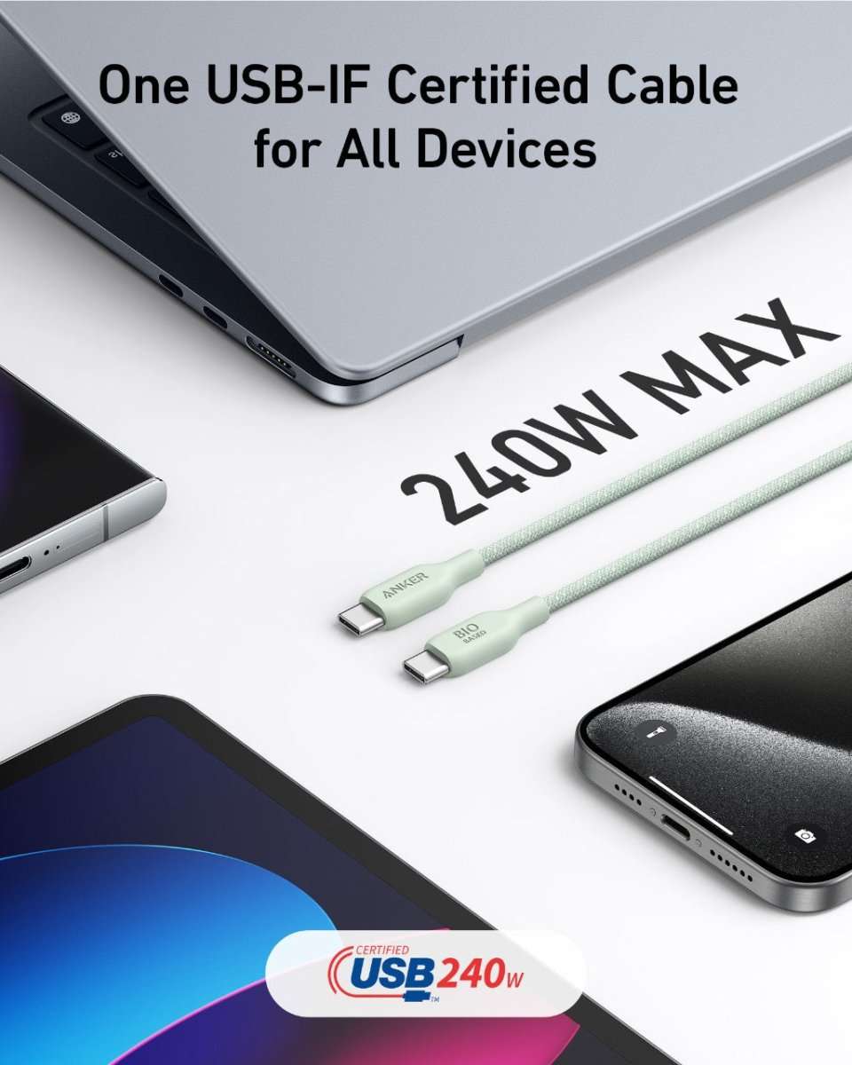 Anker USB-C to USB-C cable with two USB-C ends and bio-braided light green cord