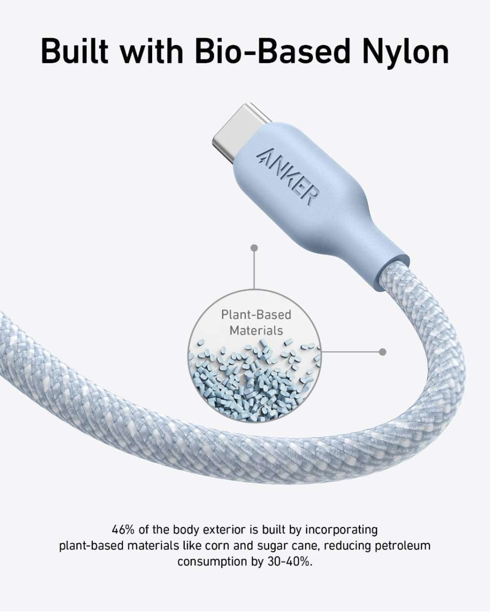 USB-C to USB-C cable with braided bio-based nylon, pale blue