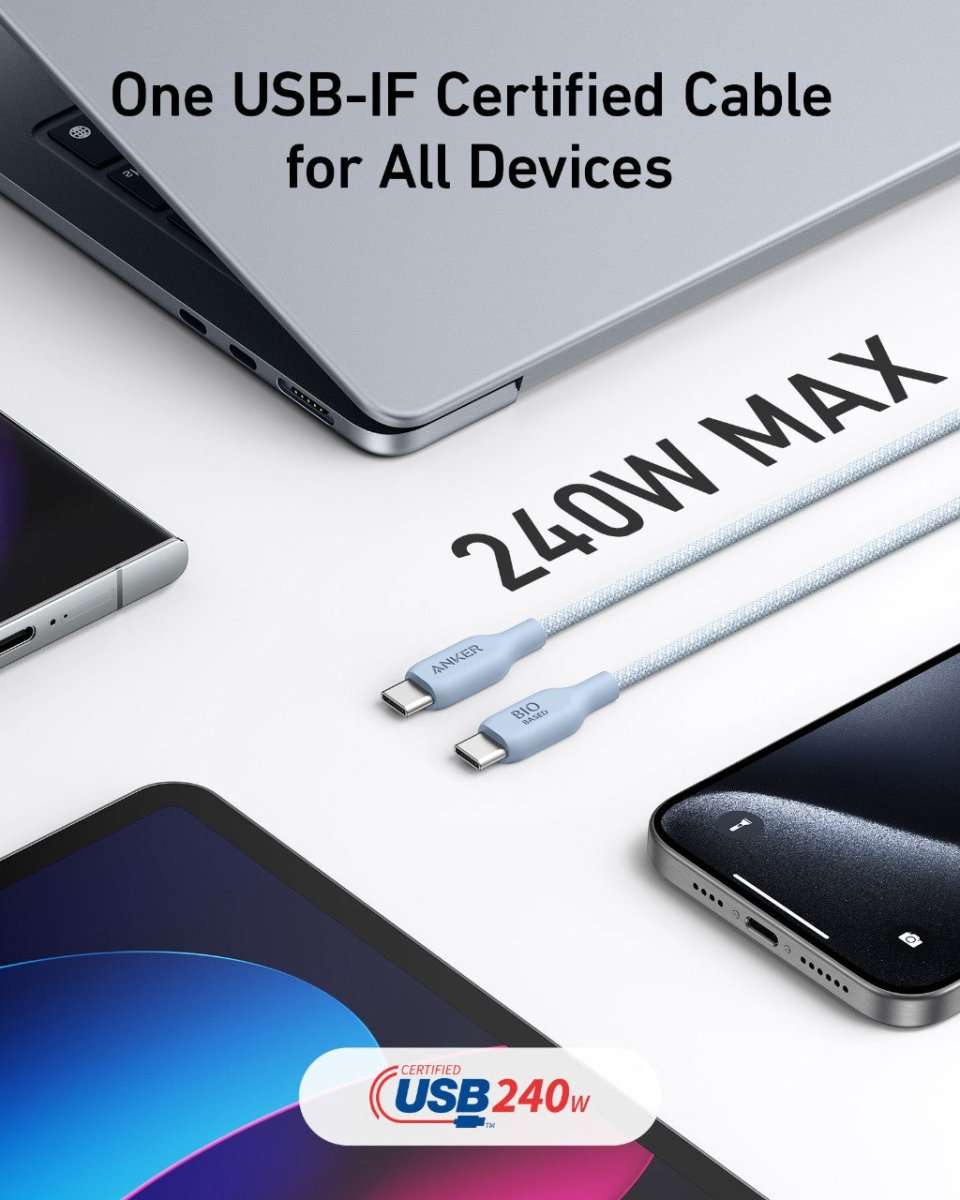 USB-C to USB-C braided cable with connectors displayed