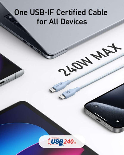USB-C to USB-C braided cable with connectors displayed