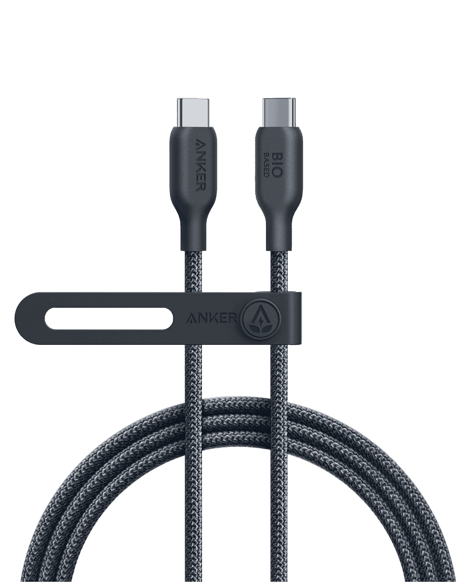 Braided USB-C to USB-C cable with USB-C ends and molded grips
