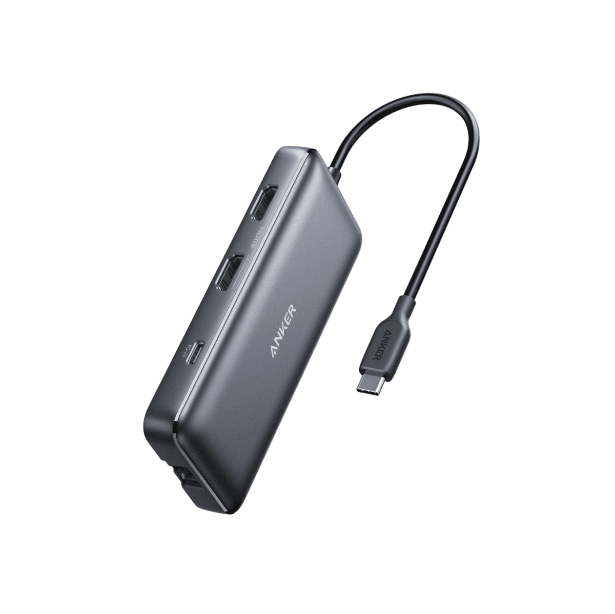 Black USB-C hub with attached USB-C cable and side ports