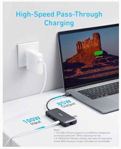USB-C hub connected for pass-through charging to a laptop
