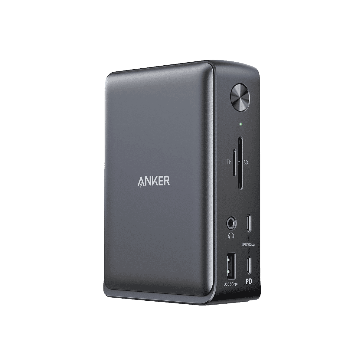13-in-1 USB-C docking station with front ports and dark finish