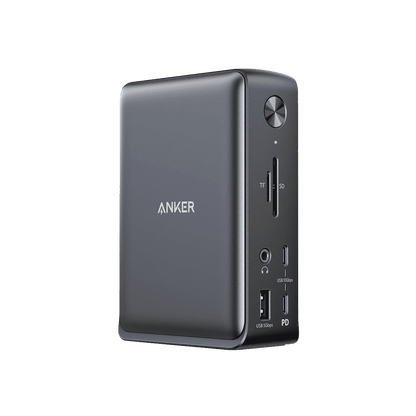 13-in-1 USB-C docking station with front ports and dark finish