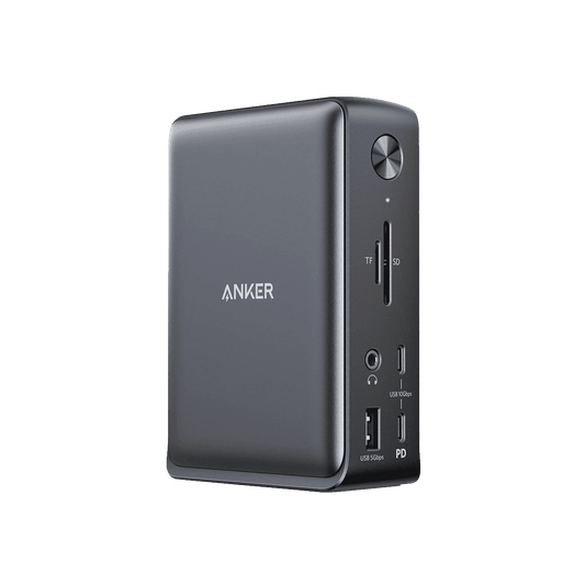 13-in-1 USB-C docking station with front ports and dark finish