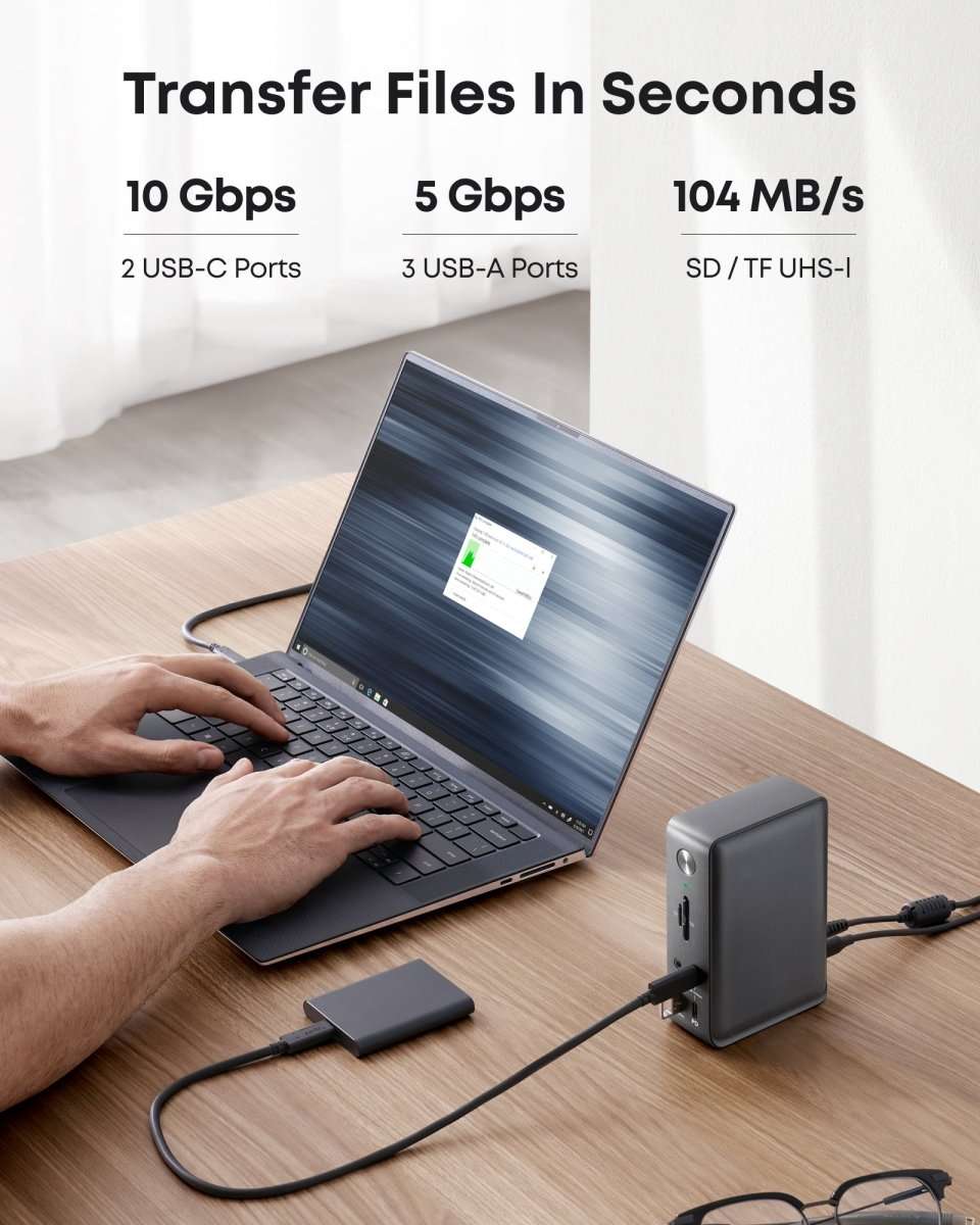 USB-C docking station transfer speed diagram with connected laptop and cables