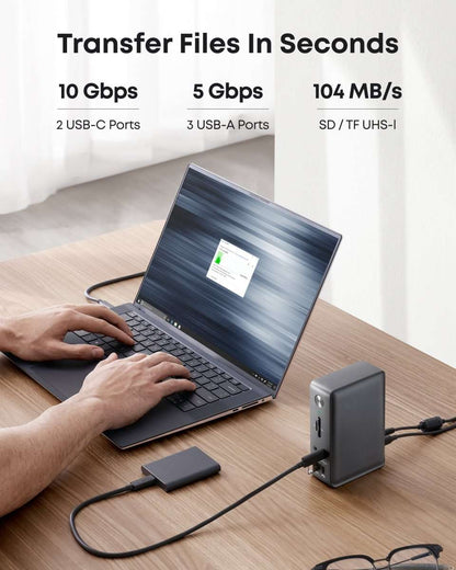 USB-C docking station transfer speed diagram with connected laptop and cables