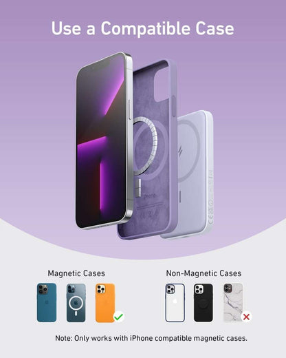 Anker 621 magnetic battery shown with compatible cases, dark and light bodies.