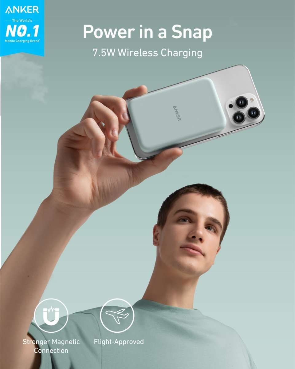 Anker 621 magnetic battery, light gray back with wireless charging pad