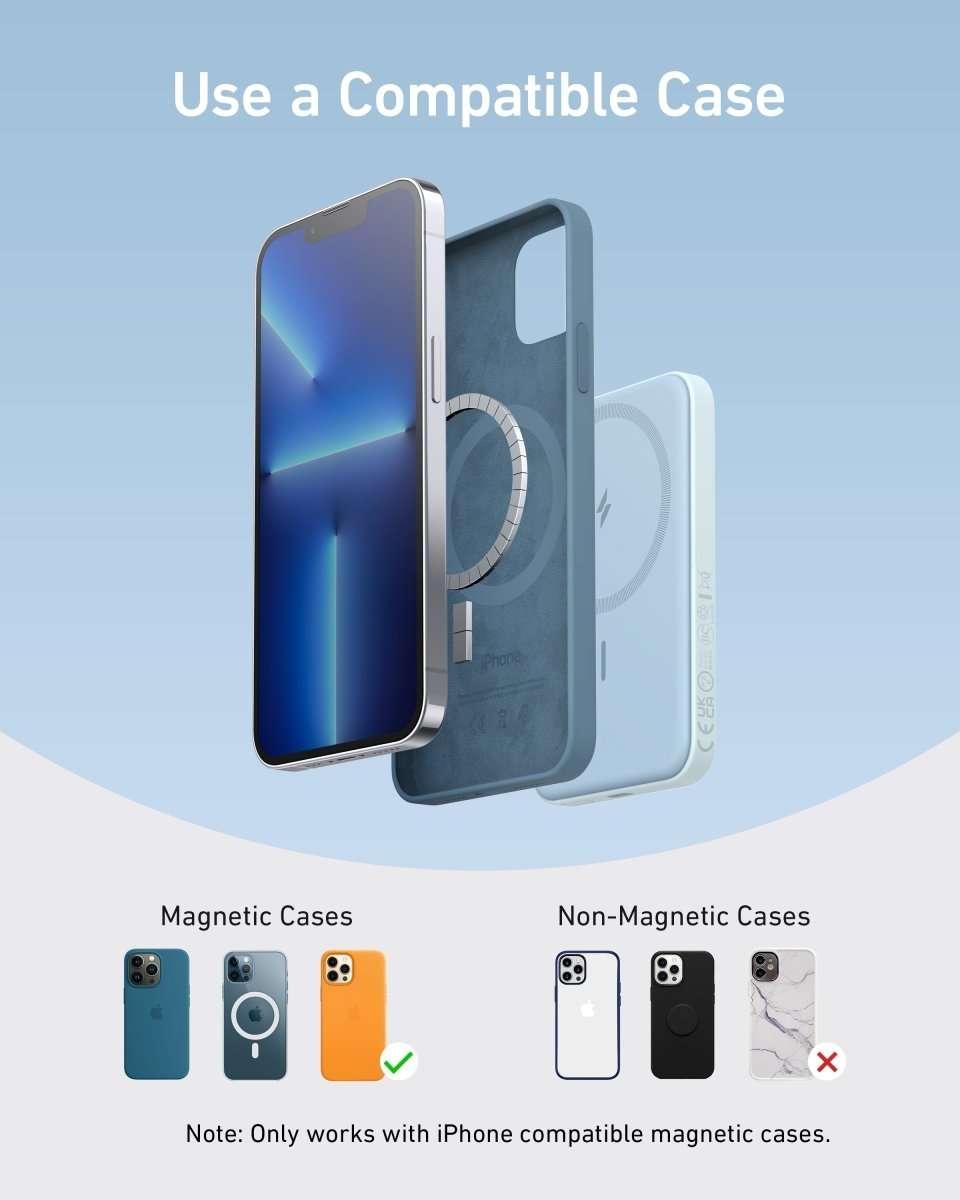Anker 621 magnetic battery shown with compatible phone cases.