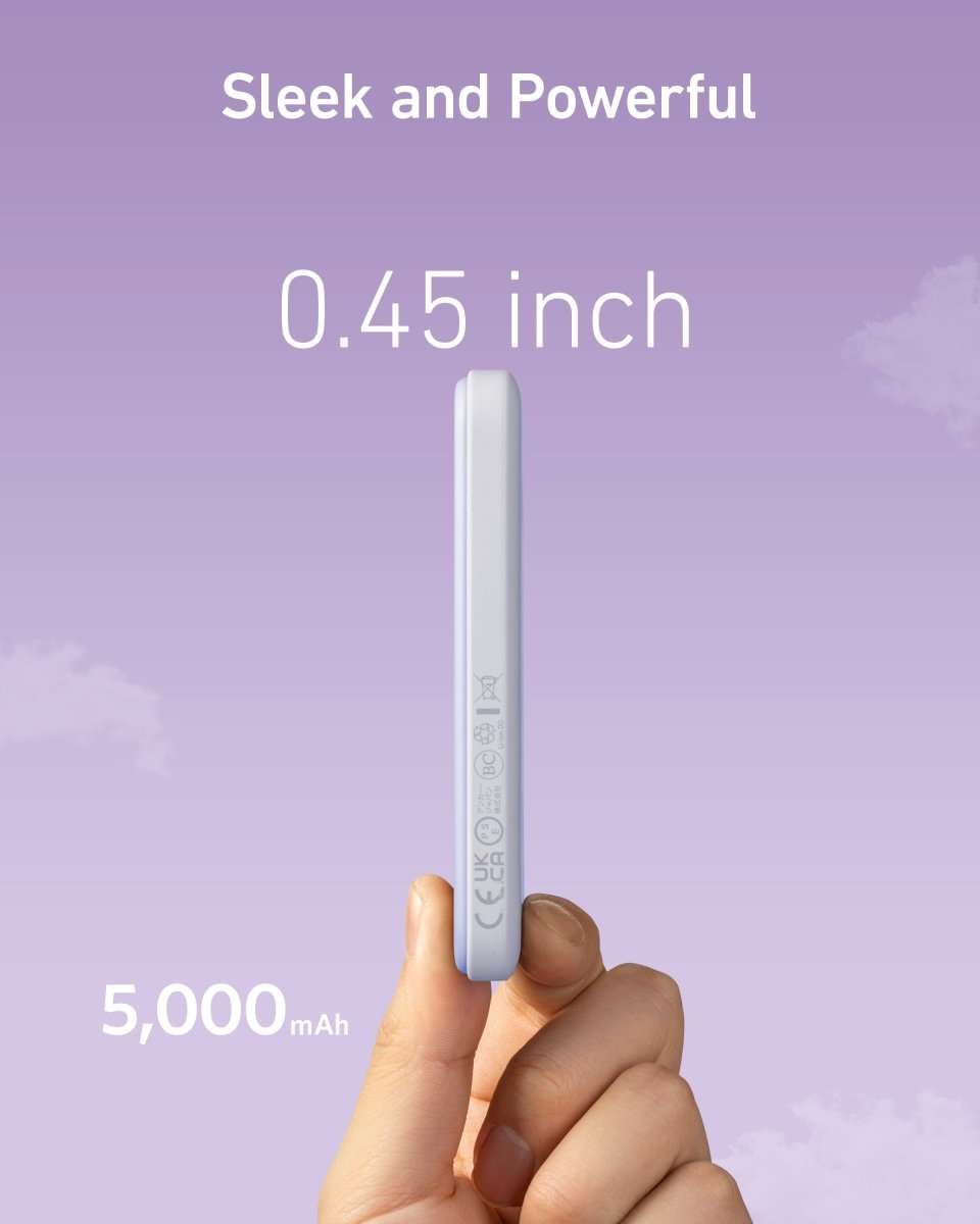 Slim Anker 621 magnetic battery, light blue-gray, held upright.