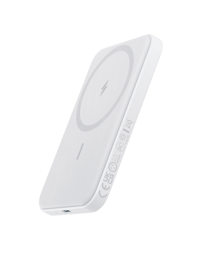 Magnetic battery charger, white, slim rectangular design with wireless charging pad